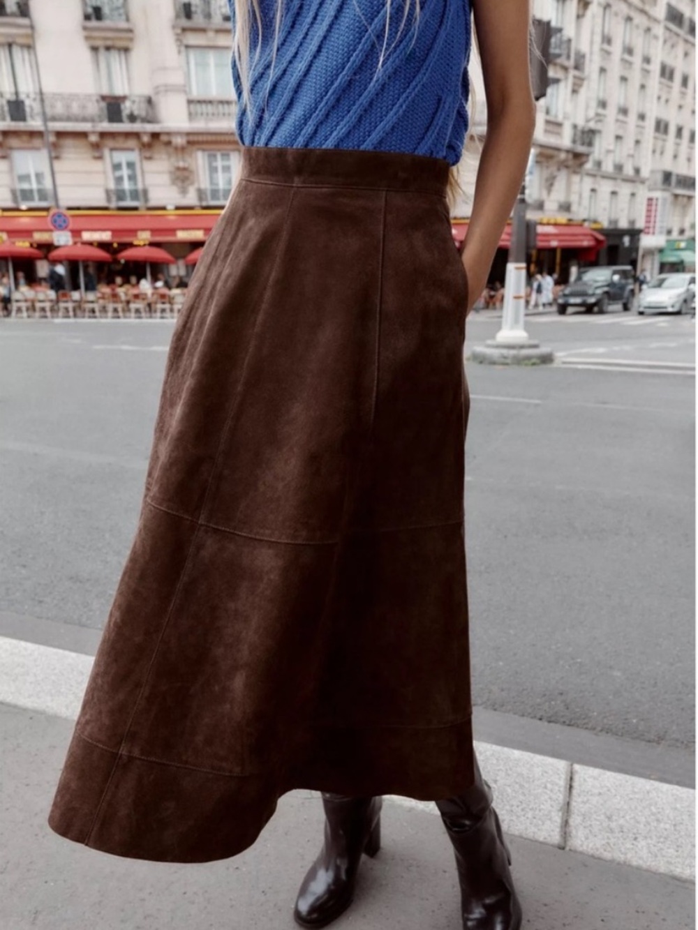 ZARA Brown Suede Leather Full Midi Skirt